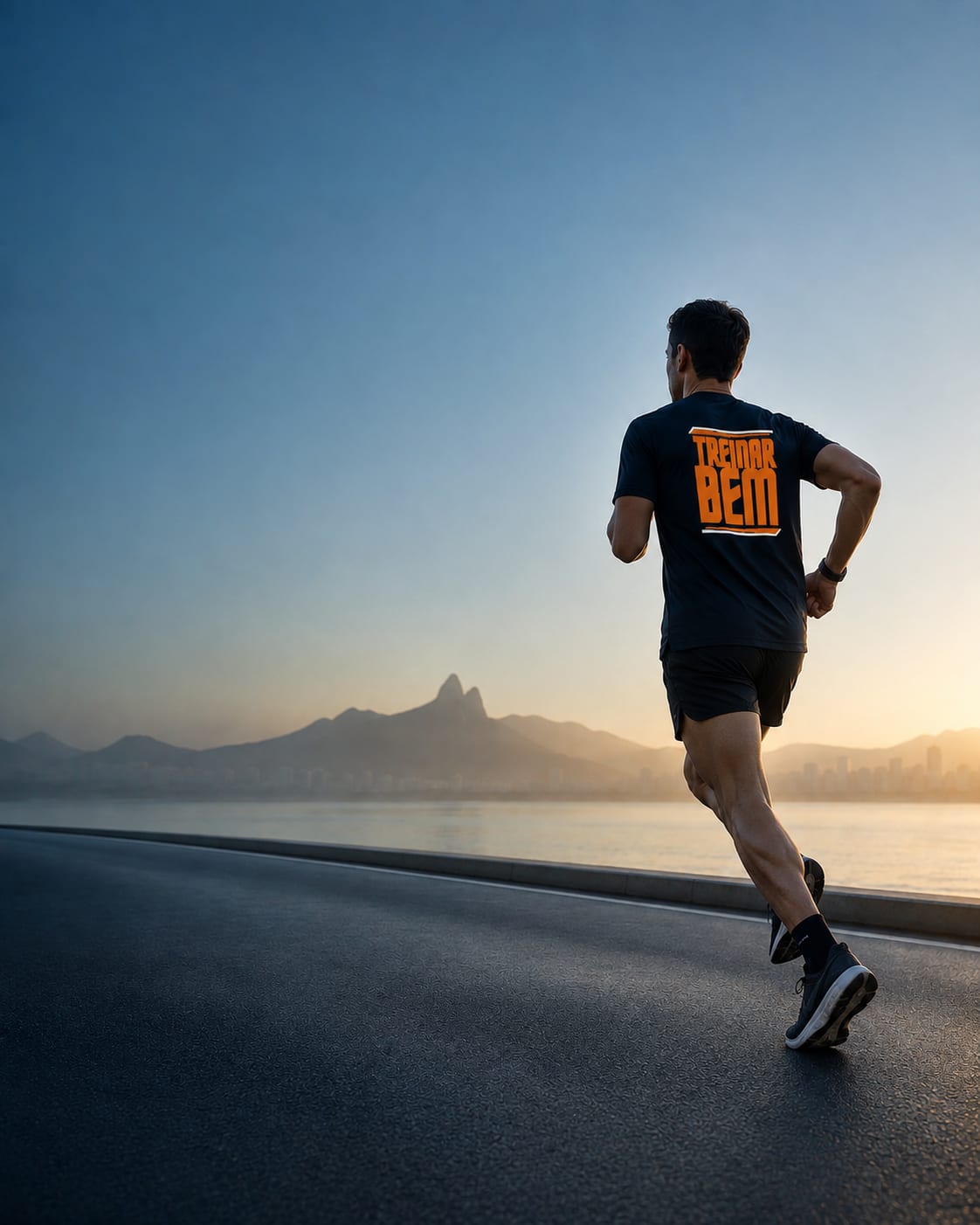Corredor em treino de rua ao amanhecer, com a orla e os morros do Rio ao fundo